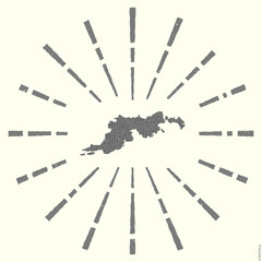 Tortola Logo. Grunge sunburst poster with map of the island. Shape of Tortola filled with hex digits with sunburst rays around. Neat vector illustration.