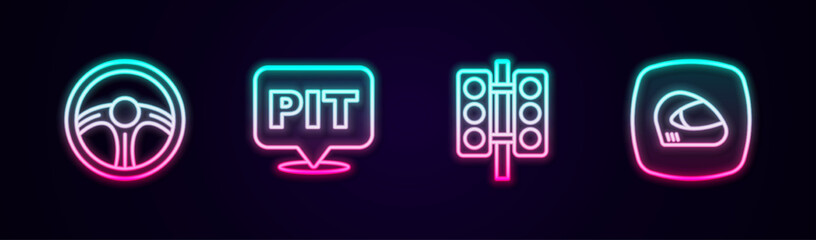 Set line Racing steering wheel, Pit stop, traffic light and helmet. Glowing neon icon. Vector