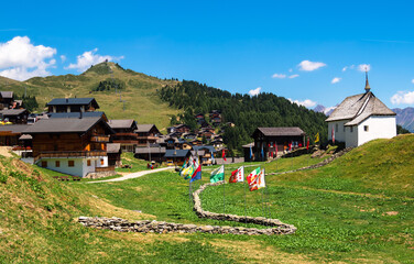 Bettmeralp, Switzerland - July 16, 2022: Idyllic tourist resort of Bettmeralp is located in the...