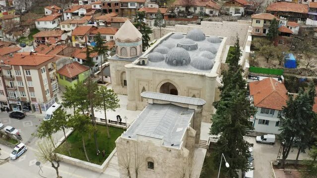 Aerial view of Gokmedrese Mosque in Amasya. 4K Footage in Turkey