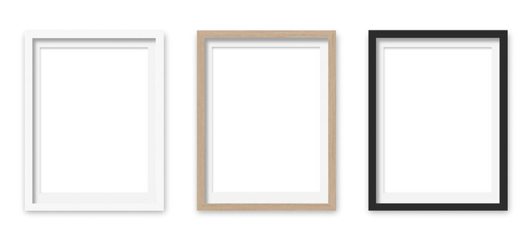 Picture frames set with white Passepartout on transparent background.  White, wooden and black vertical frames, 30x40 cm. Template, mock up for your picture, artwork, poster or photo. 3d rendering.