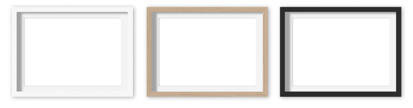Picture frames set with white Passepartout on transparent background.  White, wooden and black horizontal frames, 40x30 cm. Template, mock up for your picture, artwork, poster or photo. 3d rendering.