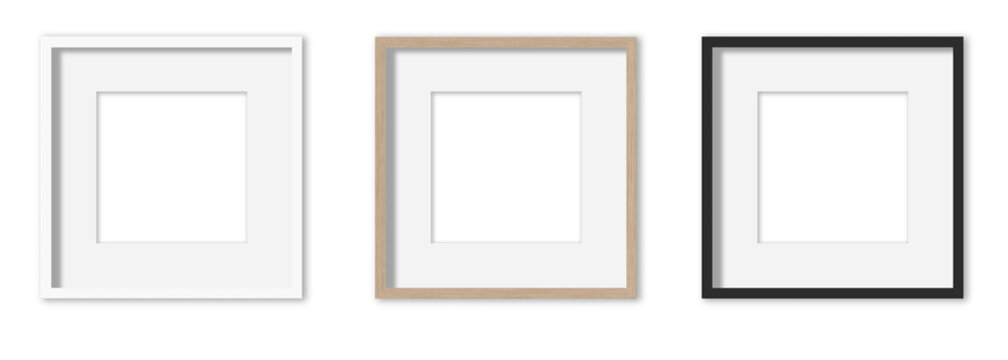 Picture frames set with white Passepartout on transparent background.  White, wooden and black square frames, 40x40 cm. Template, mock up for your picture, artwork, poster or photo. 3d rendering.