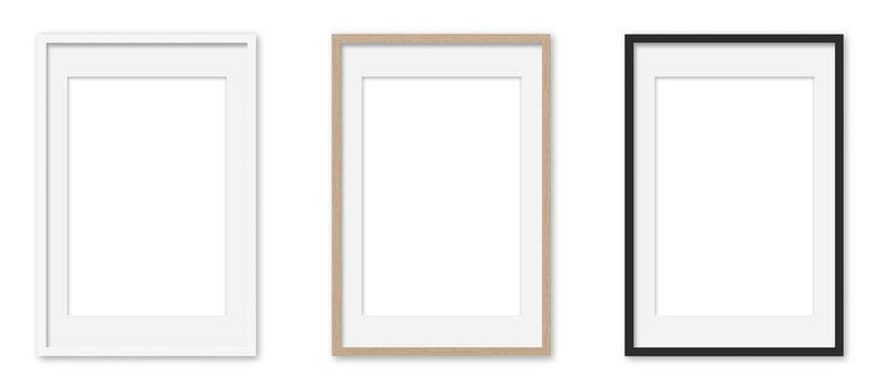 Picture frames set with white Passepartout on transparent background.  White, wooden and black vertical frames, 40x60 cm. Template, mock up for your picture, artwork, poster or photo. 3d rendering.