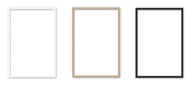 Picture frames set on transparent background.  White, wooden and black vertical frames, 40x60 cm. Template, mock up for your picture, artwork, poster or photo. 3d rendering.