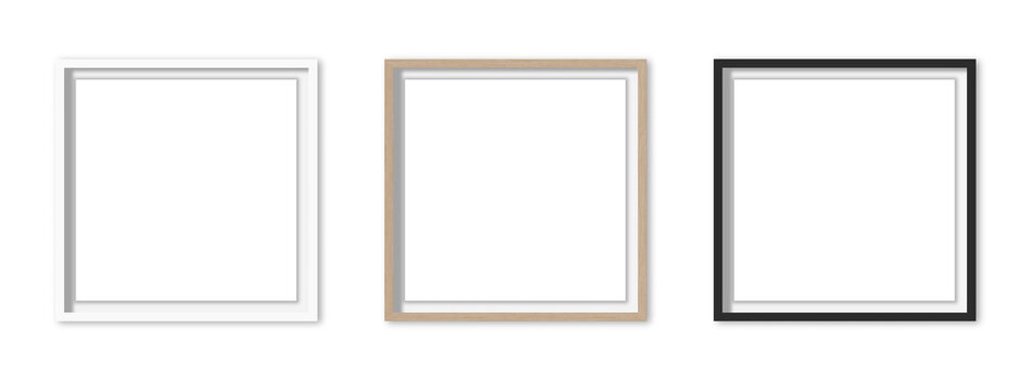 Picture frames set with white Passepartout on transparent background.  White, wooden and black square frames, 50x50 cm. Template, mock up for your picture, artwork, poster or photo. 3d rendering.
