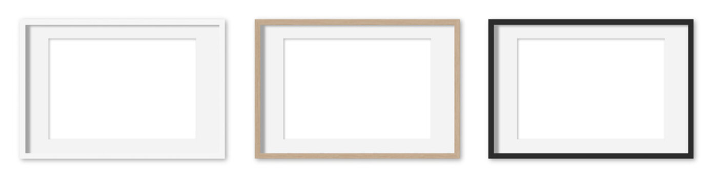 Picture frames set with white Passepartout on transparent background.  White, wooden and black horizontal frames, 60x40 cm. Template, mock up for your picture, artwork, poster or photo. 3d rendering.