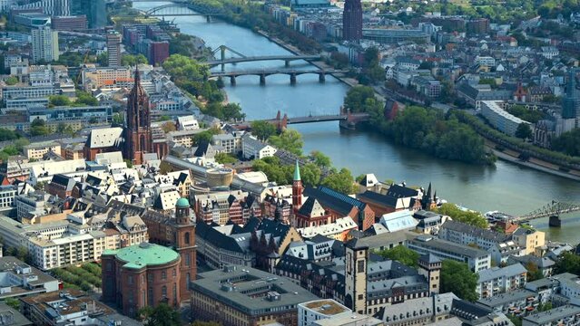 View of Frankfurt from a skyscraper, Germany. Train station, multiple residential and office buildings, skyscraper
