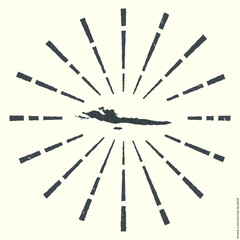 Hvar & Dalmatian Islands Logo. Grunge sunburst poster with map of the island. Shape of Hvar & Dalmatian Islands filled with hex digits with sunburst rays around. Creative vector illustration.