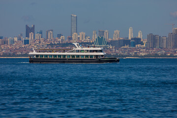 Ships and yachts in the waters of the Bosphorus and the Sea of ​​Marmara near Turkey on a...