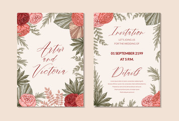 Two sides vertical boho wedding card. Save the date. Hand drawn vector illustration © Kseniia