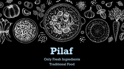 Pilaf cooking and ingredients for pilaf, sketch illustration. Middle eastern cuisine frame. Uzbek food, design elements. Hand drawn, package design. Arabic food