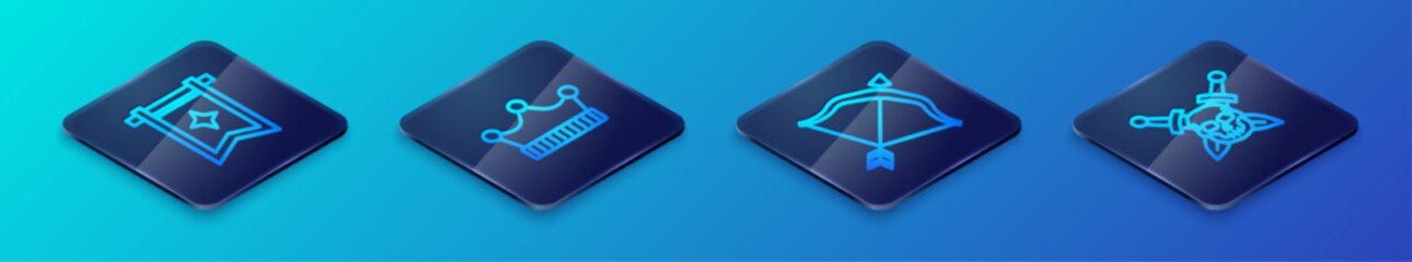 Set Isometric line Medieval bow and arrow, flag, Skull with sword and King crown icon. Vector