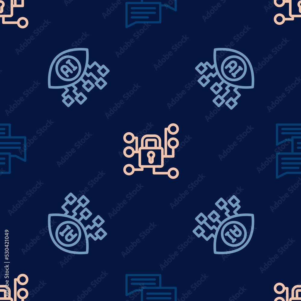 Poster set line speech bubble chat, computer vision and cyber security on seamless pattern. vector