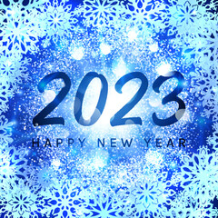 Happy New Year 2023 banner on blue glittering snowflakes background. Greeting card design. Glowing abstract particles light flash stars for New Year celebration. Holiday decoration vector illustration