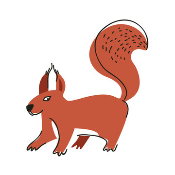 Small forest animal. A red squirrel with a fluffy tail stands on four legs. Logo for business with the image of a squirrel. Illustration in the style of flat contour graphics. Cartoon funny squirrel.