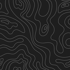 Topographic map. Vector seamless pattern of topographic geographic map lines and contours. Terrain path isolated on a black background. Geography scheme. Line mountain relief for print, web, banner - obrazy, fototapety, plakaty
