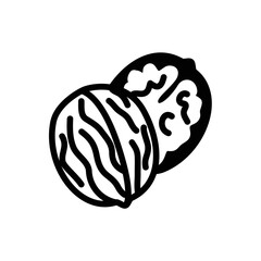 A set of whole and half walnuts. Walnut kernel in shell. Furrows on the shell of a nut. Black and white illustration in a flat, outline, cartoon style. Design element for products with walnuts.