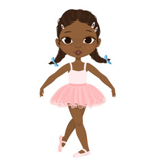 Cute African American Ballerina Girl Dancing. Little Dark Skin Girl in Pink Tutu Dress and Pointe