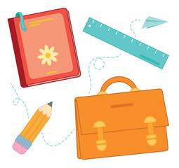 School supplies in cartoon style. Subjects for study and creativity. Stickers for school.