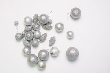 A set of silver Christmas tree toys and decorations for the holiday