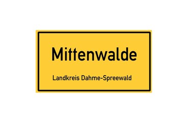 Isolated German city limit sign of Mittenwalde located in Brandenburg