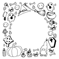 a Halloween template with an empty round space for text. Square frame with black outline of pumpkins, gnome, bats, bones and skulls, spider and cartoon ghosts isolated on white
