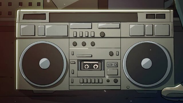Vintage boombox cassette tape player, retro stereo style music animation.