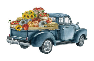 Fototapeta Watercolor Pumpkin Truck,Autumn Harvest Truck,Thanksgiving arrangement,Pick Up Car,Vintage Car with pumpkin and Sunflower,Fall emerald apple harvest truck. obraz
