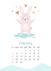 February 2023 calendar. Cute bunny with hearts. Happy Valentines Day. The year of the Rabbit, bunny symbol of 2023. Week starts on Sunday. Vector illustration
