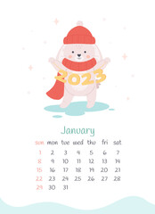 January 2023 calendar. Cute bunny wishes a Happy New Year. The year of the Rabbit, bunny symbol of 2023. Week starts on Sunday. Vector illustration