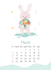 March 2023 calendar. Cute bunny with flowers. Hello spring. The year of the Rabbit, bunny symbol of 2023. Week starts on Sunday. Vector illustration