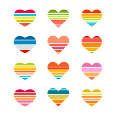 Collection of bright rainbow striped multicolored hearts