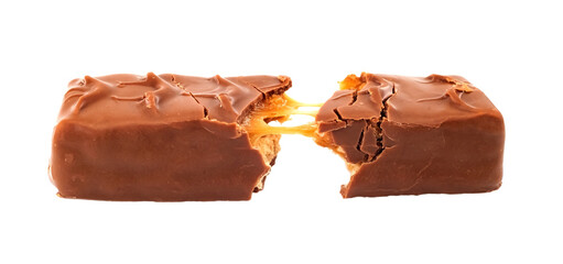 Chocolate bar with nougat on a white background. The bar is broken into two parts isolate