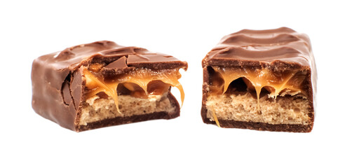 Chocolate bar with nougat on a white background. The bar is broken into two parts isolate