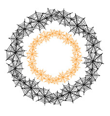 a set of round web frame with an empty space for text. two black and orange round spiderweb pattern in doodle style on white for Halloween design template