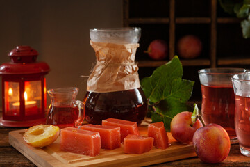 Homemade plum marmalade. Vegan food, local produce. Close-up, selective focus