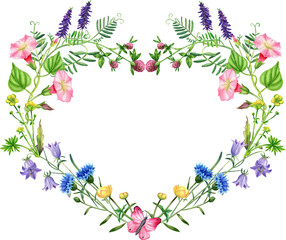 Fototapeta na wymiar Heart-shaped frame of wildflowers. 