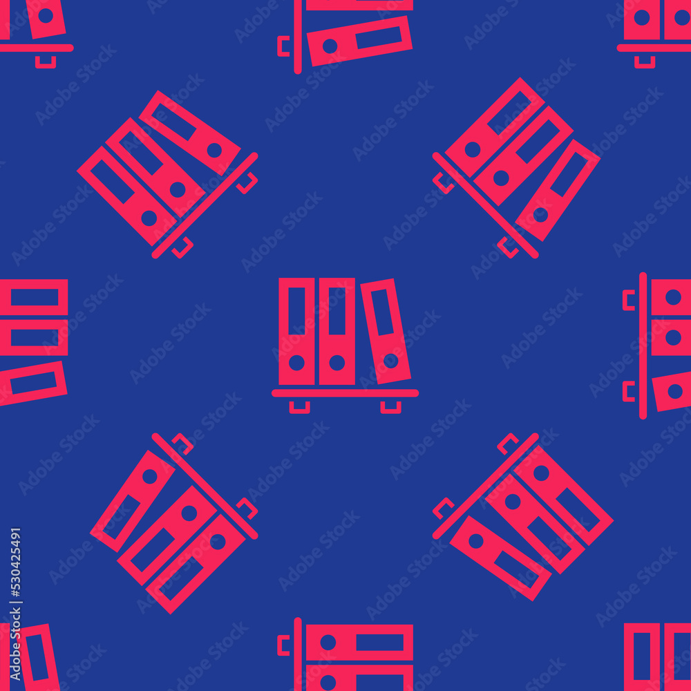 Poster red office folders with papers and documents icon isolated seamless pattern on blue background. offi