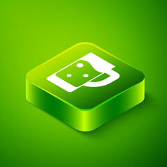 Isometric Glass of beer icon isolated on green background. Green square button. Vector