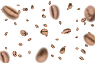 Coffee beans falling background. Black espresso coffee bean flying. Aromatic grain fall isolated on white. Represent breakfast for energy and freshness concept.
