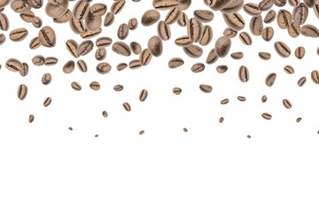 Coffee beans flying background. Black espresso grain falling on white. Rustic coffee bean fall isolated. Represent breakfast, energy, freshness or great aroma concept.