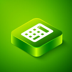 Isometric Calculator icon isolated on green background. Accounting symbol. Business calculations mathematics education and finance. Green square button. Vector
