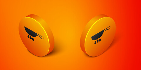 Isometric Frying pan on fire icon isolated on orange background. Fry or roast food symbol. Orange circle button. Vector