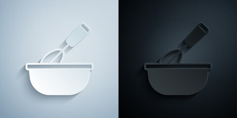 Paper cut Cooking whisk with bowl icon isolated on grey and black background. Cooking utensil, egg beater. Cutlery sign. Food mix symbol. Paper art style. Vector