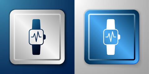 White Smart watch showing heart beat rate icon isolated on blue and grey background. Fitness App concept. Silver and blue square button. Vector