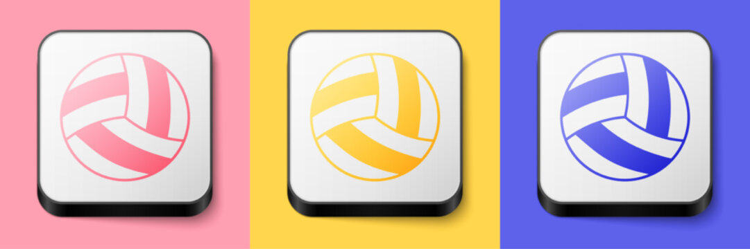 Isometric Volleyball ball icon isolated on pink, yellow and blue background. Sport equipment. Square button. Vector