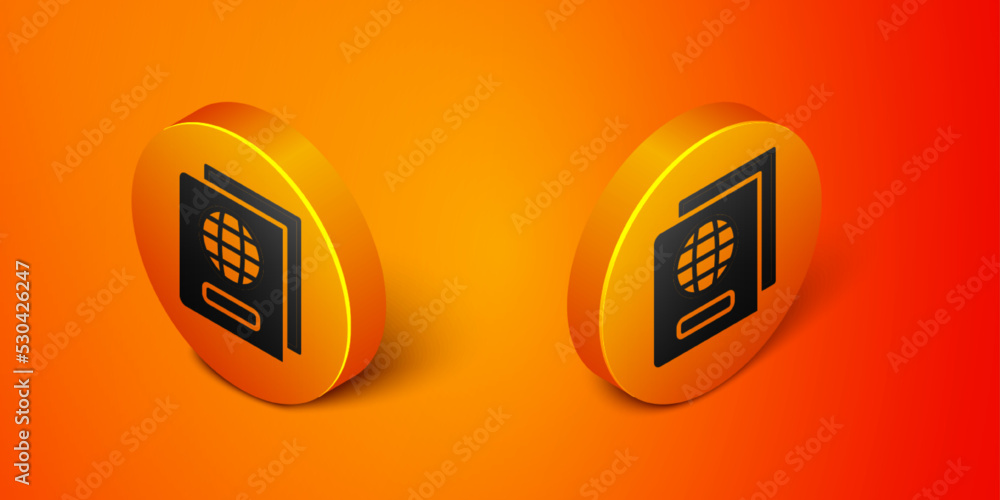Poster isometric passport with biometric data icon isolated on orange background. identification document. 