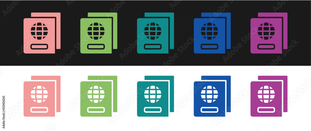 Poster set passport with biometric data icon isolated on black and white background. identification documen