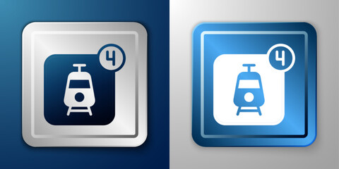 White Online ticket booking and buying app interface icon isolated on blue and grey background. E-tickets ordering. Electronic train ticket on screen. Silver and blue square button. Vector